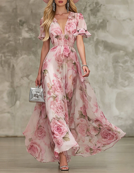Watercolor Pink Rose Print Chiffon Deep V Ruffle Short Sleeve Smocked Waist Maxi Dress