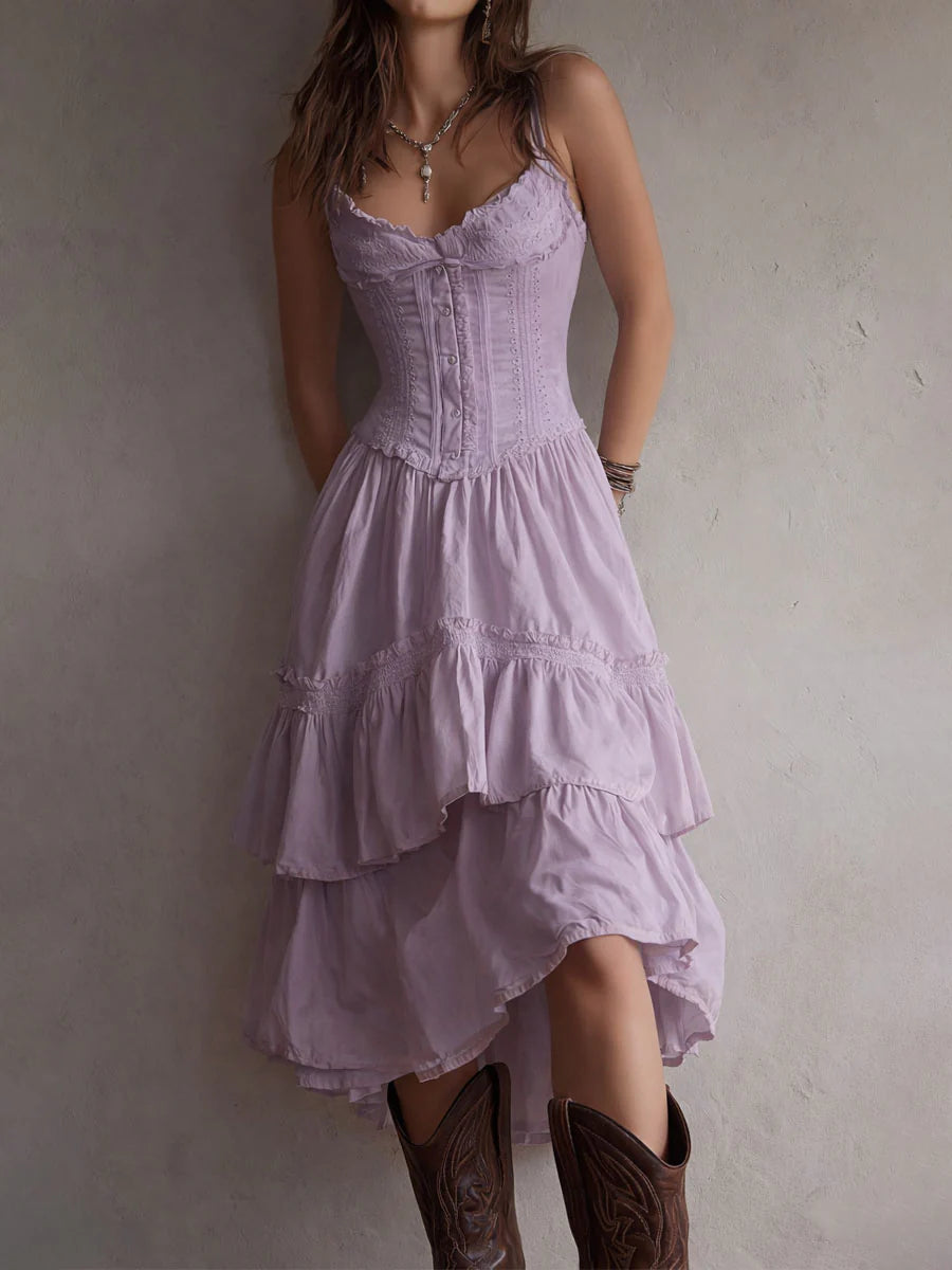 white renee Corset Tiered Midi Dress With Lace-Trim