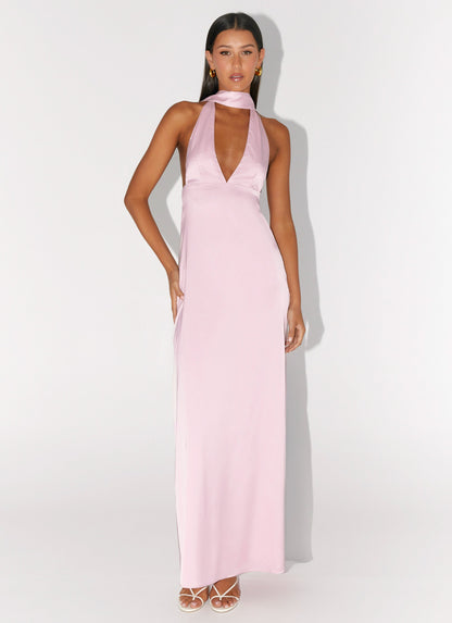 Alicia Satin Halter Maxi Dress - Baby Pink