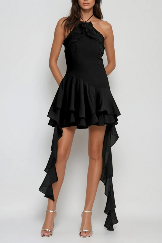 Aracely Halter Neck Mesh Ruffle Fringe Mini Dress In Black