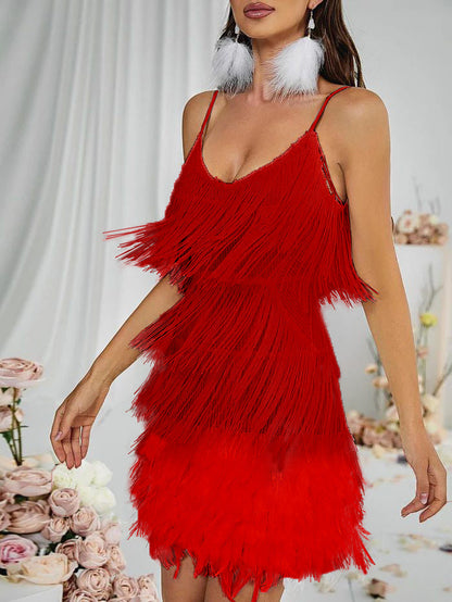 Austyn Tassel Feather Mini Dress In Red