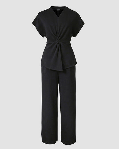 Women's 2 Piece Outfits V Neck Twist Front Slit Top and High Waisted Straight Leg Pants Set Commute Business Casual Suit