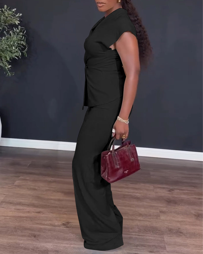 Women's 2 Piece Outfits V Neck Twist Front Slit Top and High Waisted Straight Leg Pants Set Commute Business Casual Suit