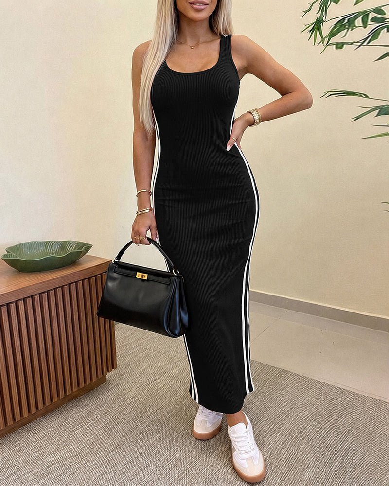 Women's Side Stripe Ribbed Maxi Dress U-Neck Sleeveless Bodycon Dress Backless Slit Tank Dress