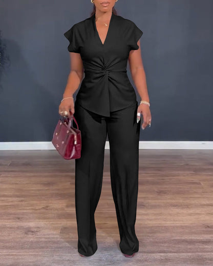 Women's 2 Piece Outfits V Neck Twist Front Slit Top and High Waisted Straight Leg Pants Set Commute Business Casual Suit