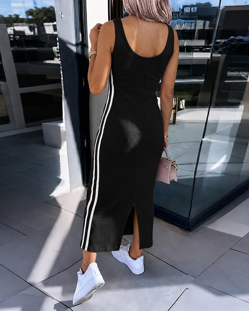 Women's Side Stripe Ribbed Maxi Dress U-Neck Sleeveless Bodycon Dress Backless Slit Tank Dress