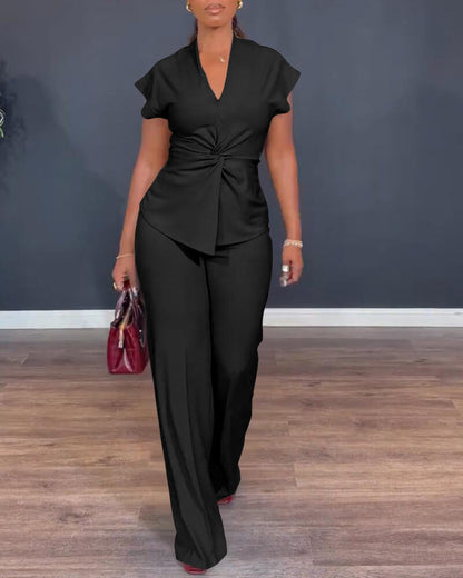 Women's 2 Piece Outfits V Neck Twist Front Slit Top and High Waisted Straight Leg Pants Set Commute Business Casual Suit