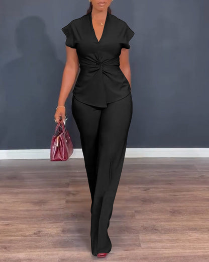 Women's 2 Piece Outfits V Neck Twist Front Slit Top and High Waisted Straight Leg Pants Set Commute Business Casual Suit