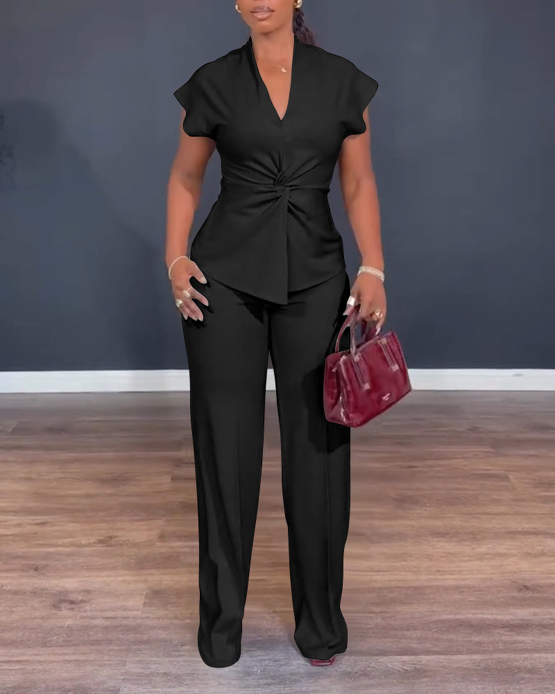 Women's 2 Piece Outfits V Neck Twist Front Slit Top and High Waisted Straight Leg Pants Set Commute Business Casual Suit