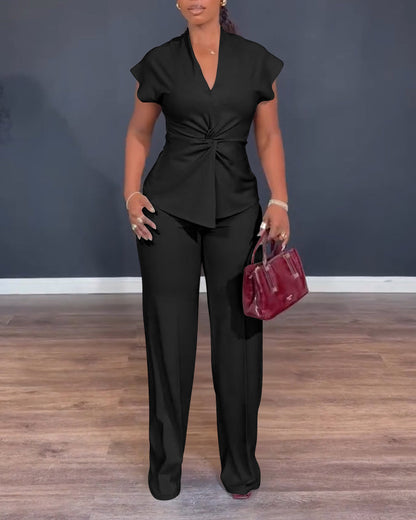 Women's 2 Piece Outfits V Neck Twist Front Slit Top and High Waisted Straight Leg Pants Set Commute Business Casual Suit