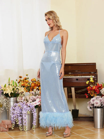 Beck Backless Feather Trimmed Sequin Dress