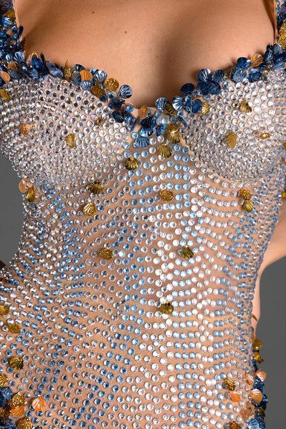 Lason Rhinestone Sheer Fringe Bodysuit
