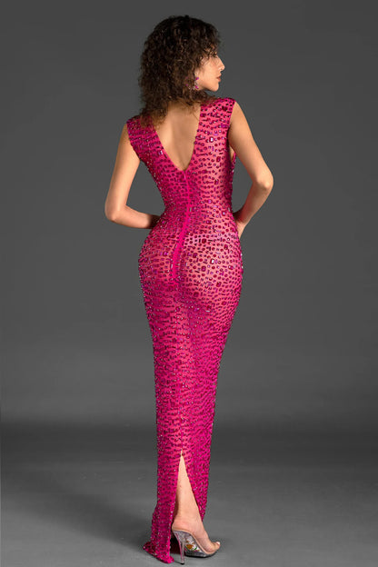 Aliki Sleeveless Rhinestone Sheer Dress