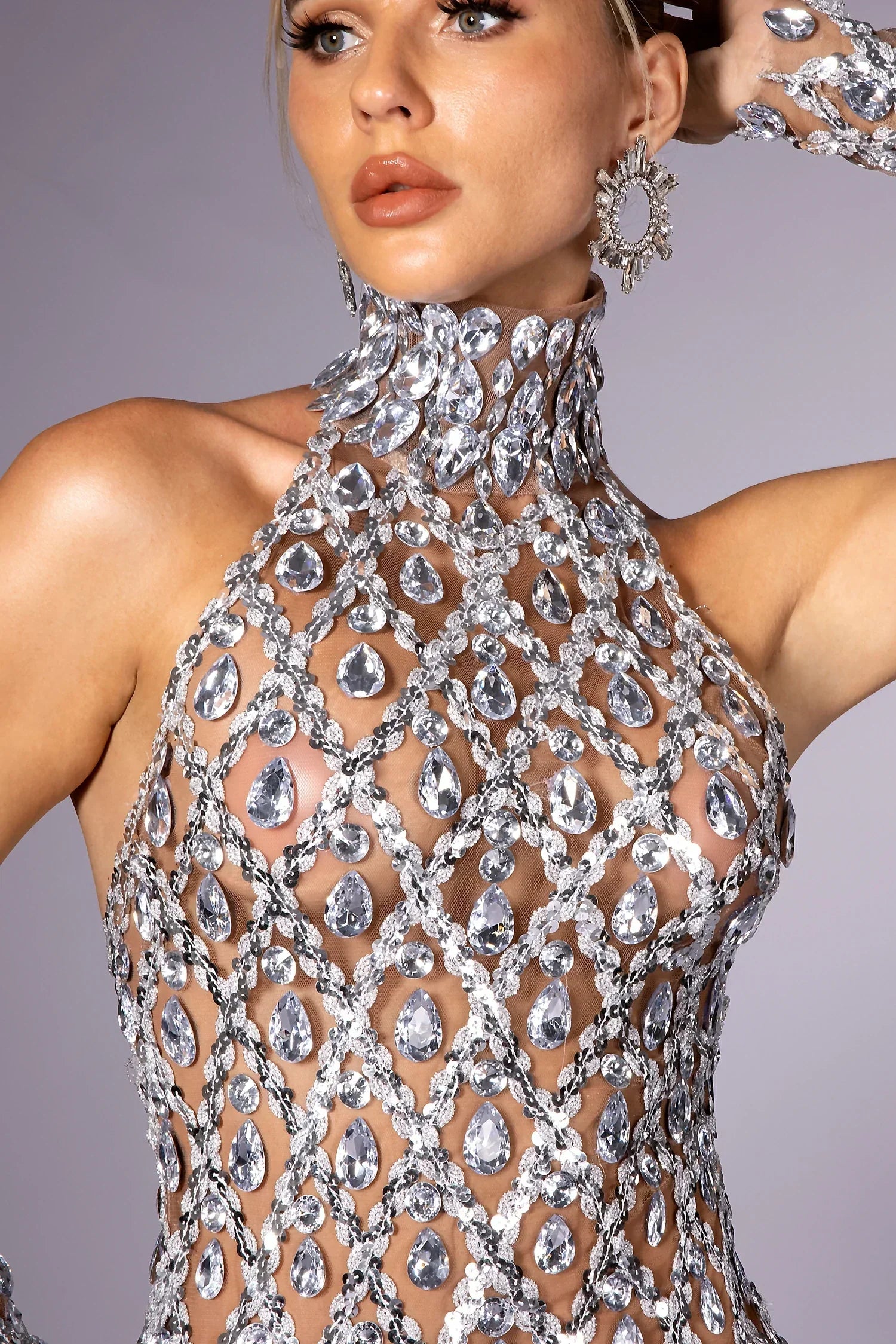Callie Diamond Sequin Halterneck Mesh Sheer Dress