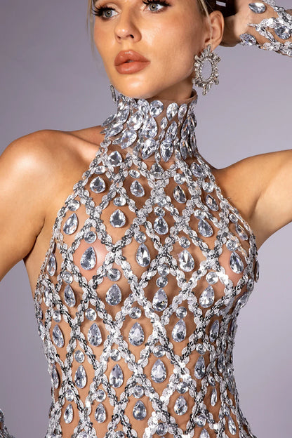 Callie Diamond Sequin Halterneck Mesh Sheer Dress