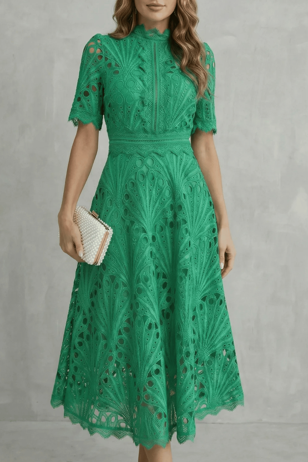 Charlisse – Ornate lace refinement – High-neck midi dress