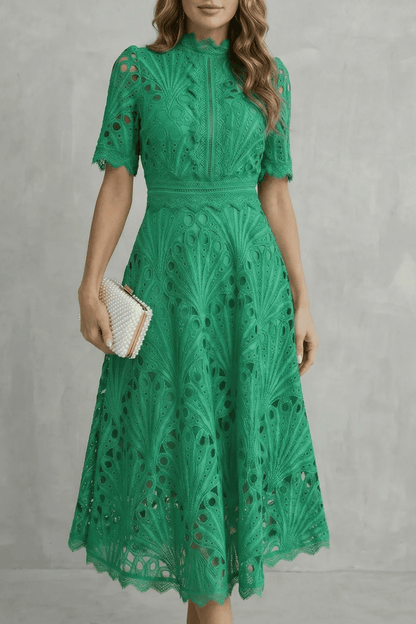 Charlisse – Ornate lace refinement – High-neck midi dress
