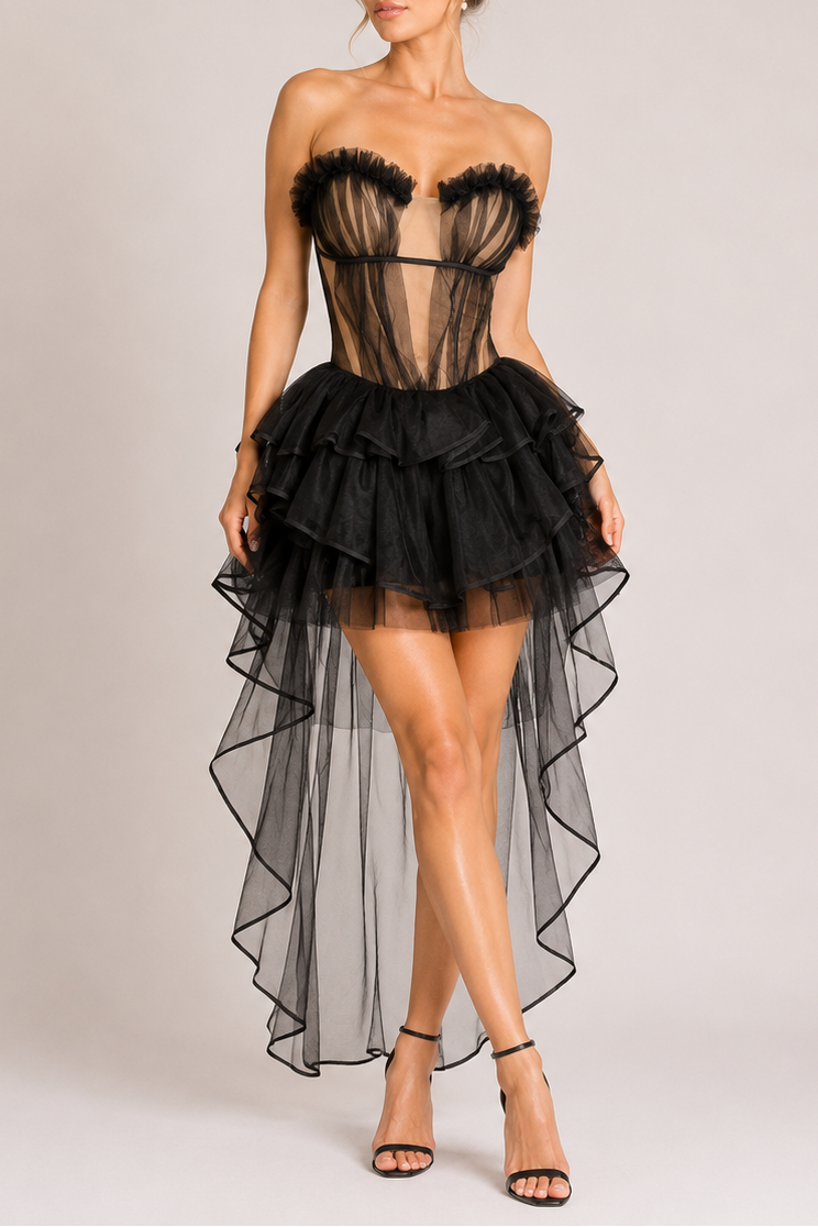 Black Strapless Ruffle Mesh Corset Top & High Low Tulle Skirt Set