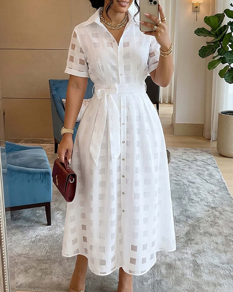 Women's Sheer Plaid Maxi Dress Short Sleeve Double Layer Swing Vacation Dress Elegant Flowy A Line Dress with Belt
