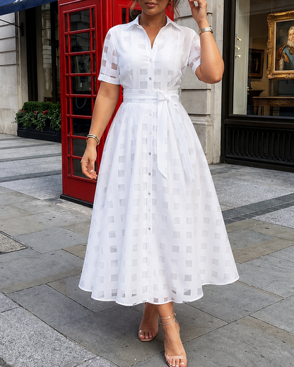 Women's Sheer Plaid Maxi Dress Short Sleeve Double Layer Swing Vacation Dress Elegant Flowy A Line Dress with Belt