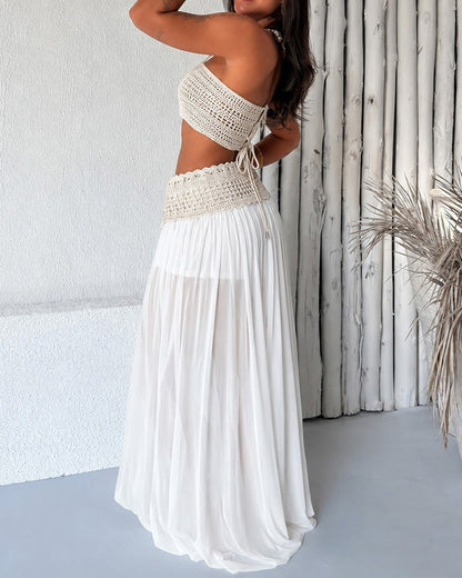 Women's Floral Crochet Two Piece Outfit Tube Top and Drawstring Sheer Maxi Skirt Set with Shorts