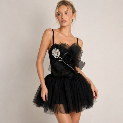Rhinestone Rose Corset & Fluffy Tulle Mini Skirt Two-Piece Set