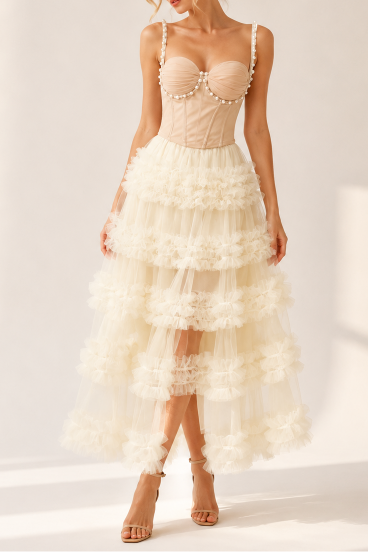 Nude Pearl Strap Sweetheart Corset Top & Tiered Ruffle High Low Tulle Midi Skirt Set
