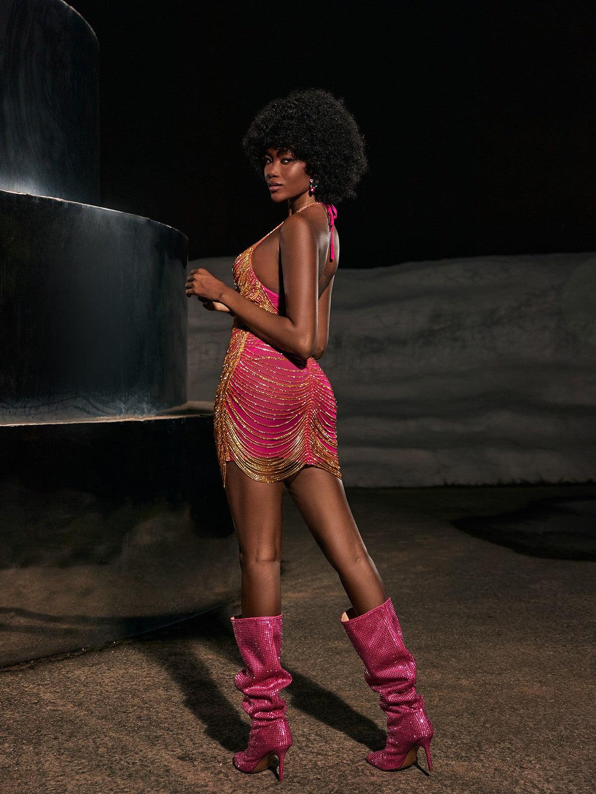 Cinzia Halterneck Diamond Chain Mesh Mini Dress In Hot Pink
