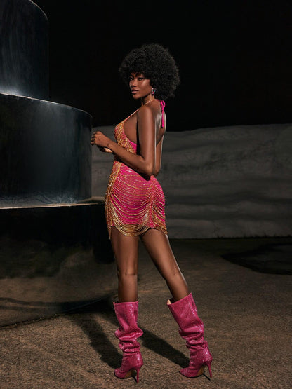 Cinzia Halterneck Diamond Chain Mesh Mini Dress In Hot Pink