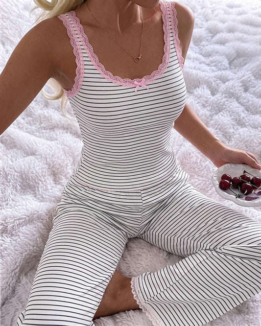 Women's 2 Piece Lace Trim Stripe Lounge Set Sleeveless Tank Top and Wide Leg Pants Set Rib Knit Pajamas Set with Pockets