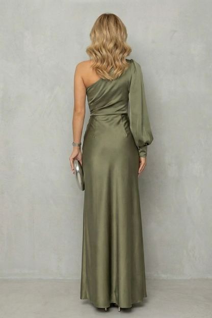 Elarisse – Draped waist elegance – One shoulder slit maxi dress