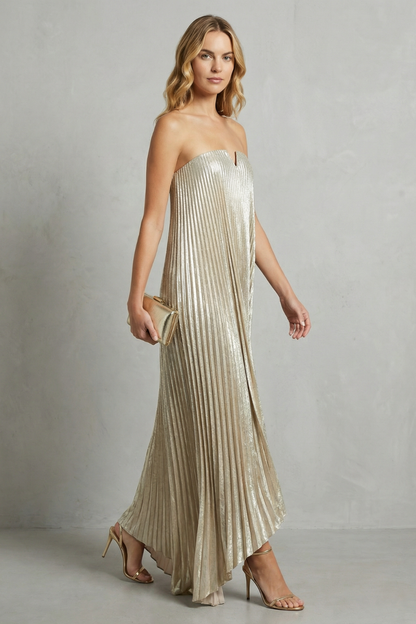 Élodie – Luminous pleated flow – Strapless metallic gown