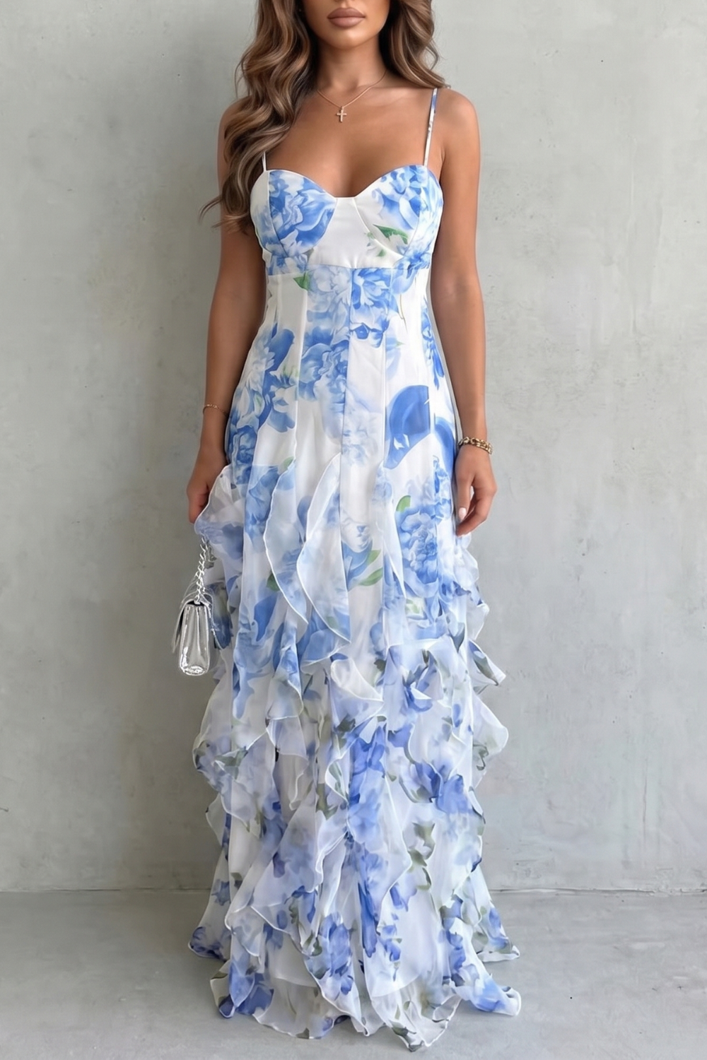 Fiorella – Watercolour bloom flow – Ruffled chiffon maxi dress