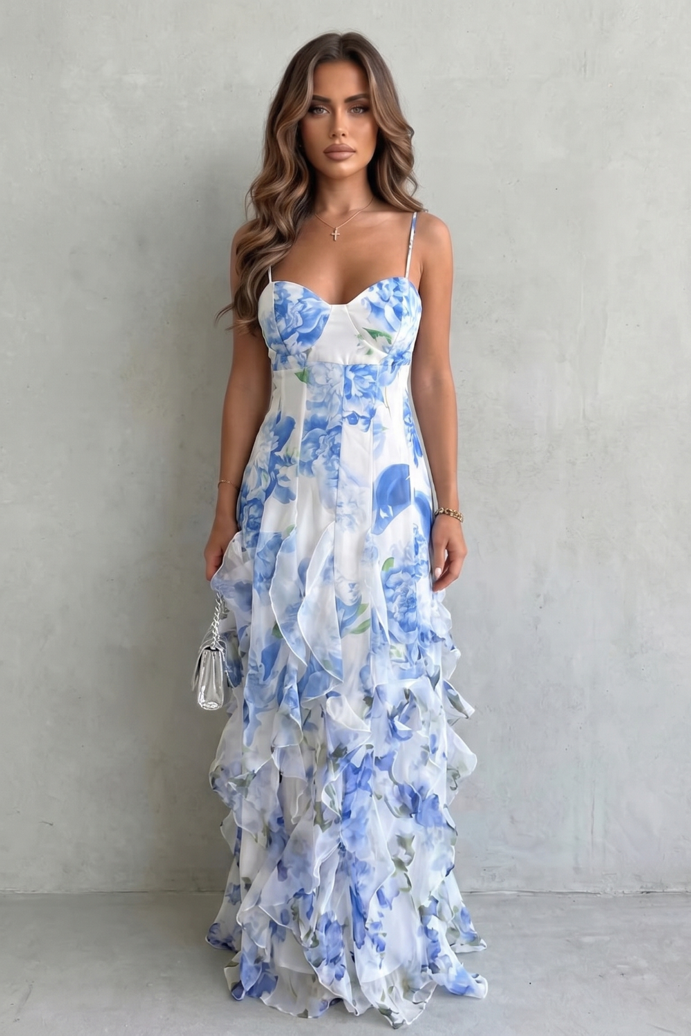 Fiorella – Watercolour bloom flow – Ruffled chiffon maxi dress