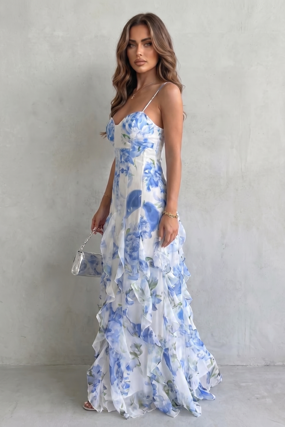 Fiorella – Watercolour bloom flow – Ruffled chiffon maxi dress