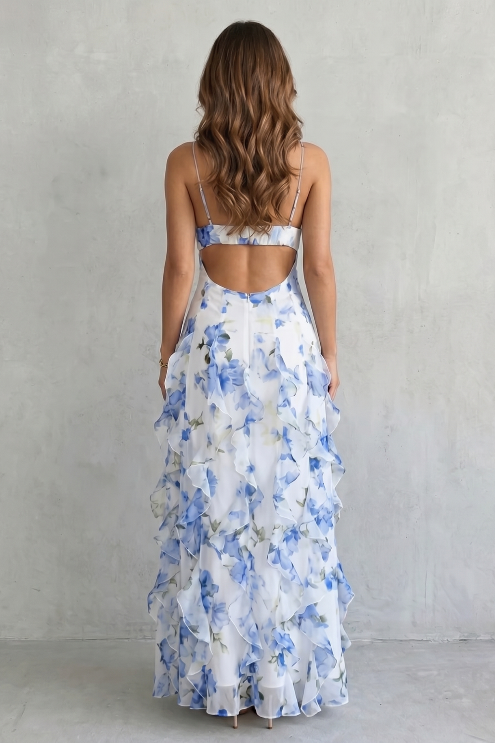 Fiorella – Watercolour bloom flow – Ruffled chiffon maxi dress