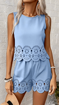 Elegant Hollow-Out Design Short-Sleeve Top and Shorts Two-Piece Set