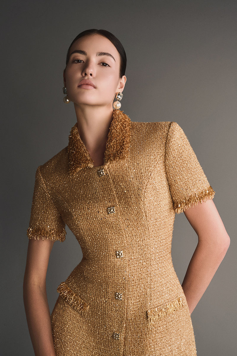 gold embellished mini dress