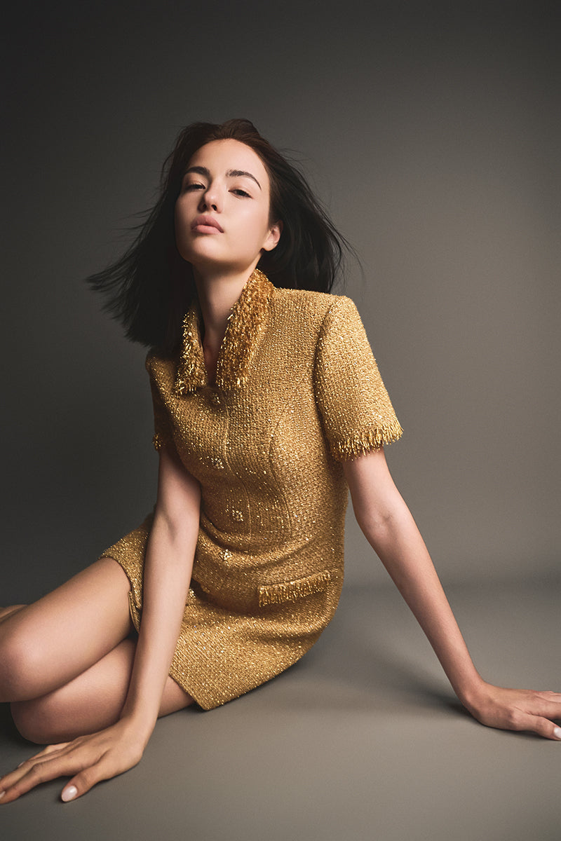 gold embellished mini dress