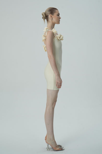 Cream Mini Dress with 3D Floral Appliqué