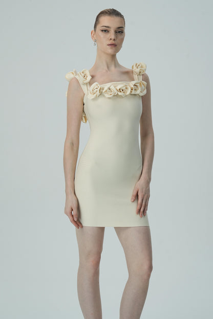 Cream Mini Dress with 3D Floral Appliqué
