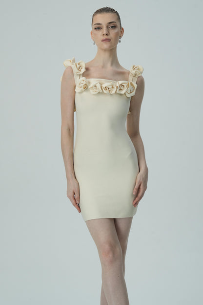 Cream Mini Dress with 3D Floral Appliqué