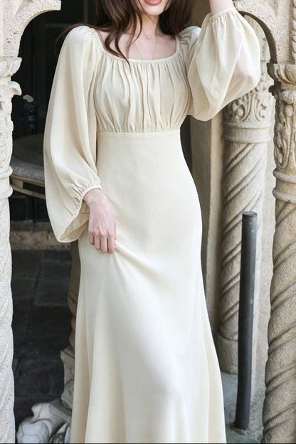 Square Neck Puff Long Sleeve High Waist Eco Recycled Cotton Dress - White