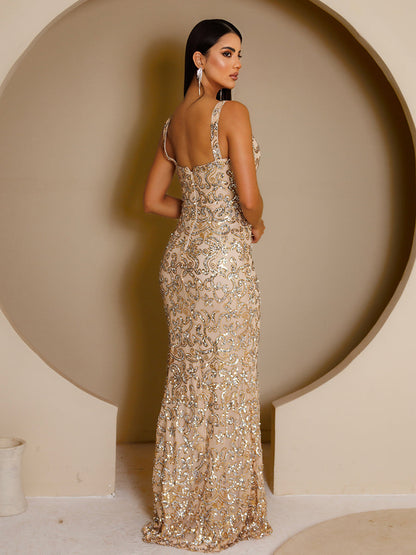 Sleeveless Split Thigh Sequin Prom Dress