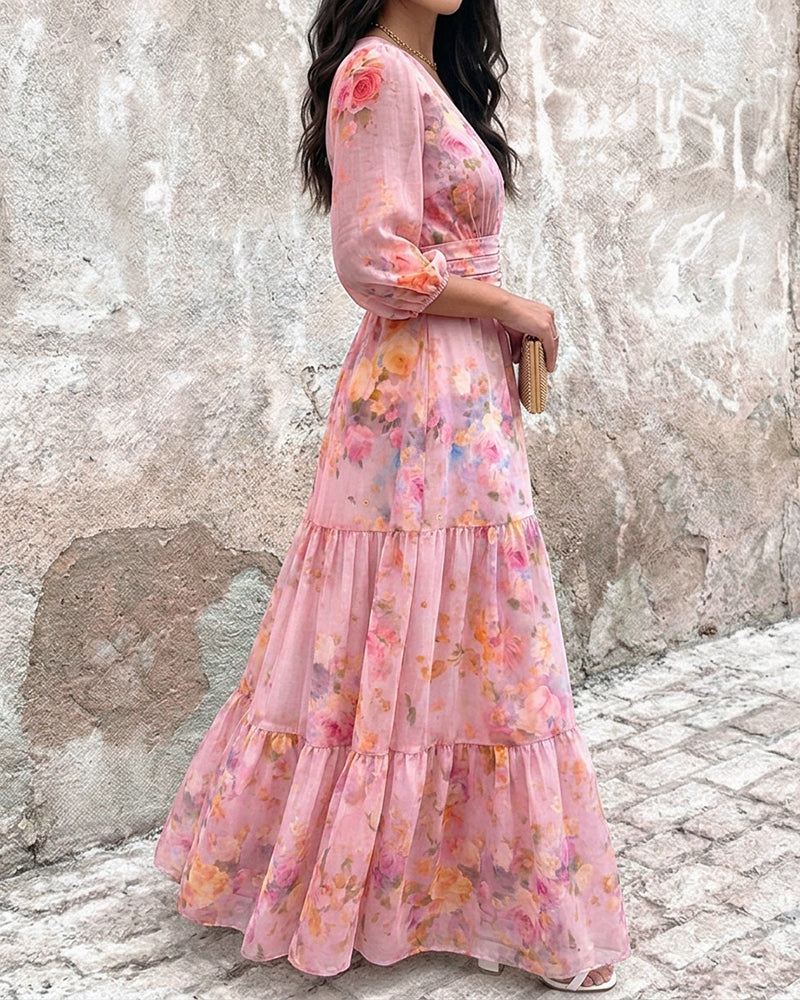 CHICME Women's Watercolor Floral V-Neck Shirred High Waist Maxi Dress Three Quarters Lantern Sleeve A-Line Ruffle Hem Chiffon Vacation Dress