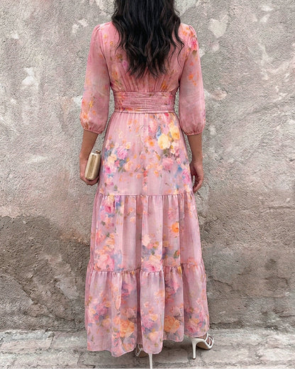 CHICME Women's Watercolor Floral V-Neck Shirred High Waist Maxi Dress Three Quarters Lantern Sleeve A-Line Ruffle Hem Chiffon Vacation Dress