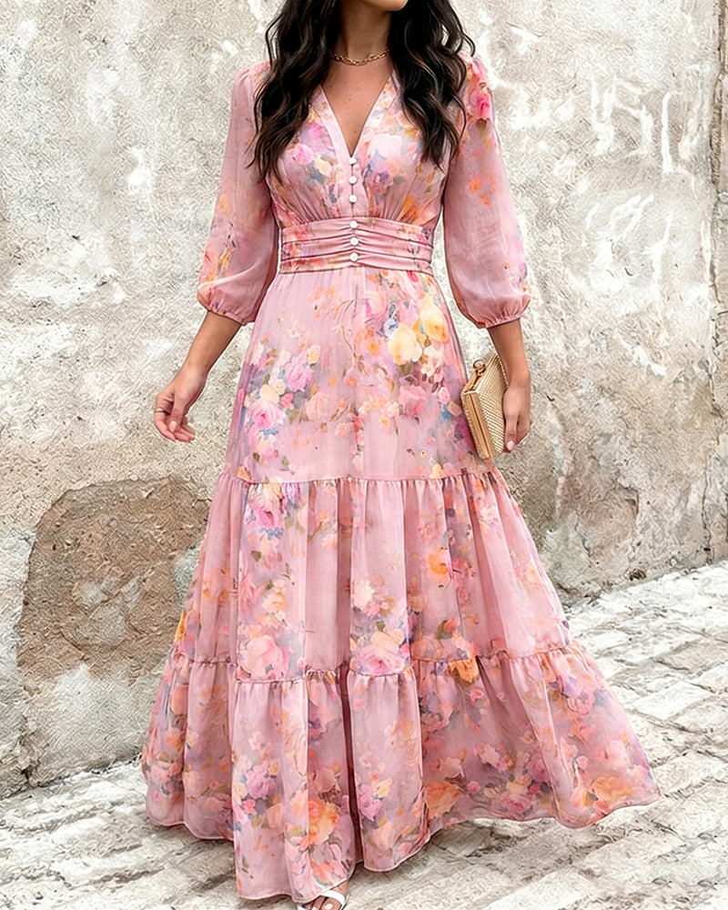 CHICME Women's Watercolor Floral V-Neck Shirred High Waist Maxi Dress Three Quarters Lantern Sleeve A-Line Ruffle Hem Chiffon Vacation Dress