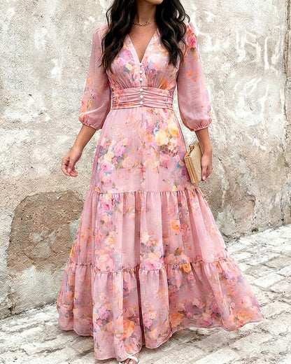 CHICME Women's Watercolor Floral V-Neck Shirred High Waist Maxi Dress Three Quarters Lantern Sleeve A-Line Ruffle Hem Chiffon Vacation Dress