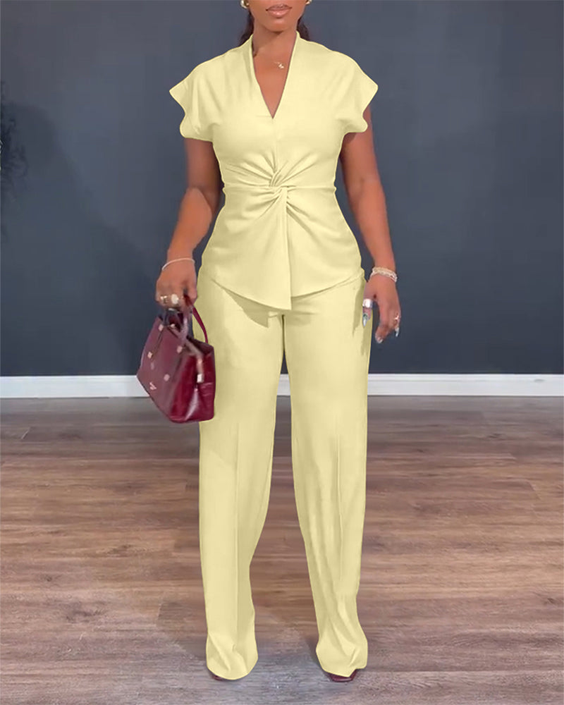 Women's 2 Piece Outfits V Neck Twist Front Slit Top and High Waisted Straight Leg Pants Set Commute Business Casual Suit