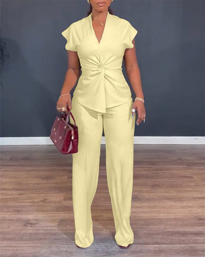 Women's 2 Piece Outfits V Neck Twist Front Slit Top and High Waisted Straight Leg Pants Set Commute Business Casual Suit
